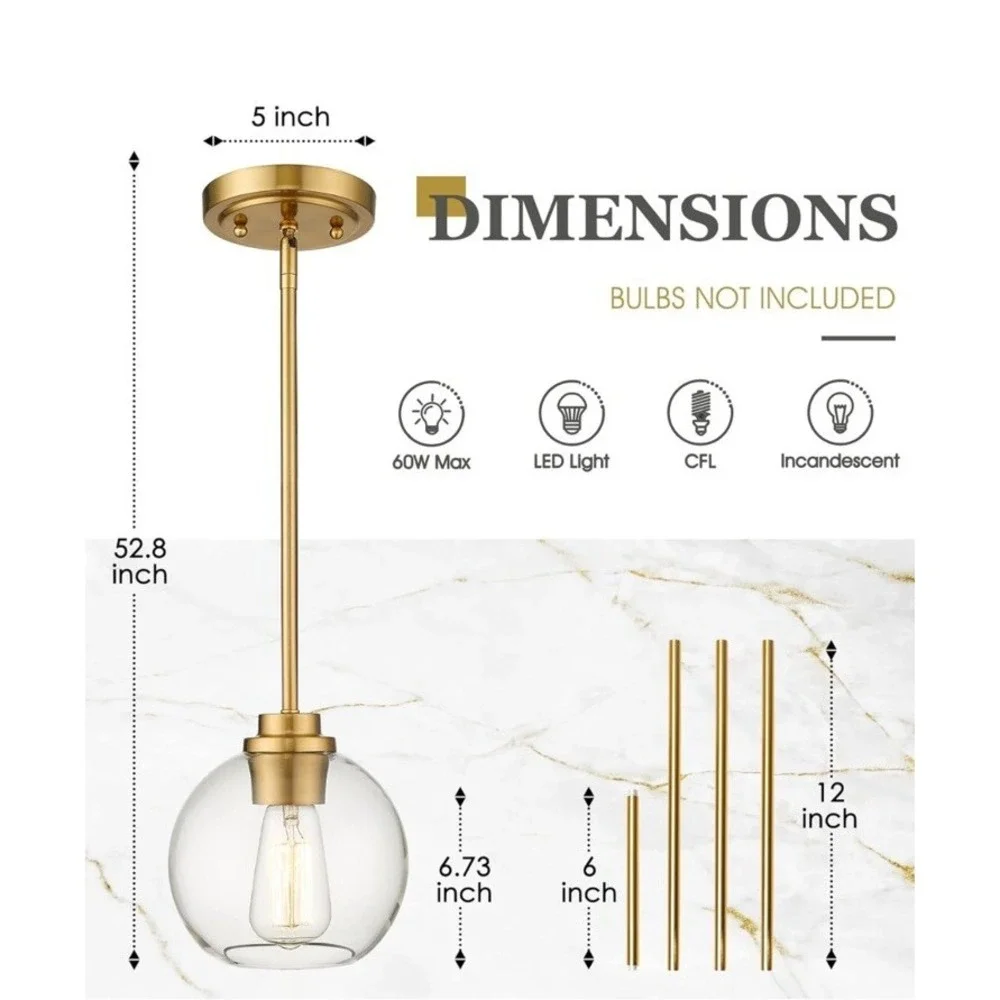 Brass Pendant Lights Kitchen Island 2 Pack, Farmhouse Gold Pendant Light with Cl